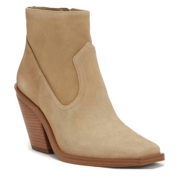 Vince Camuto Amtinda Western Bootie Cowboy Boot Suede Tan Neutral Square Toe - Picture 2 of 11